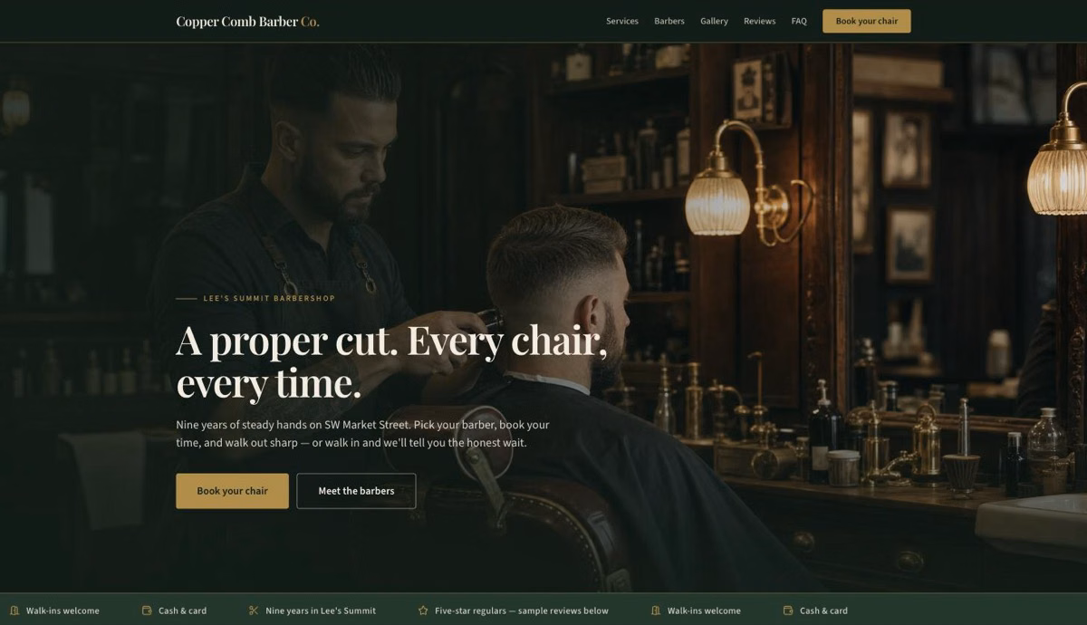 Copper Comb Barber Co. — Barber Shop website demo by DFPP Agency