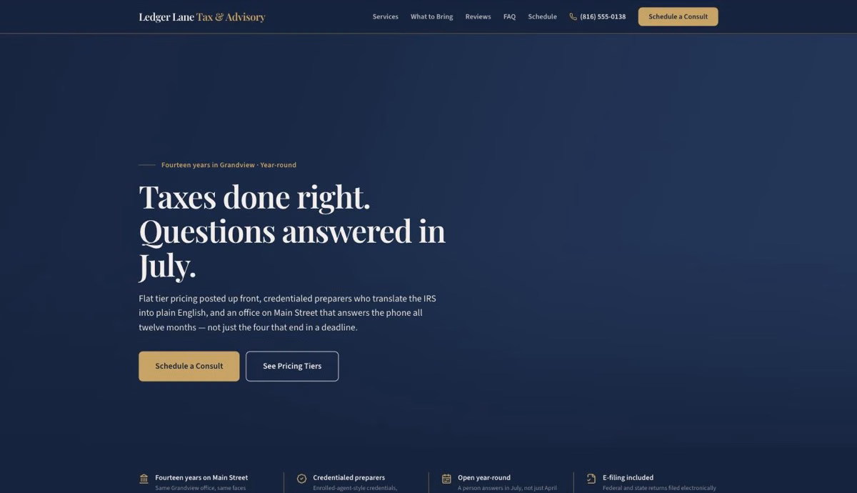 Ledger Lane Tax & Advisory — Tax Preparation website demo by DFPP Agency