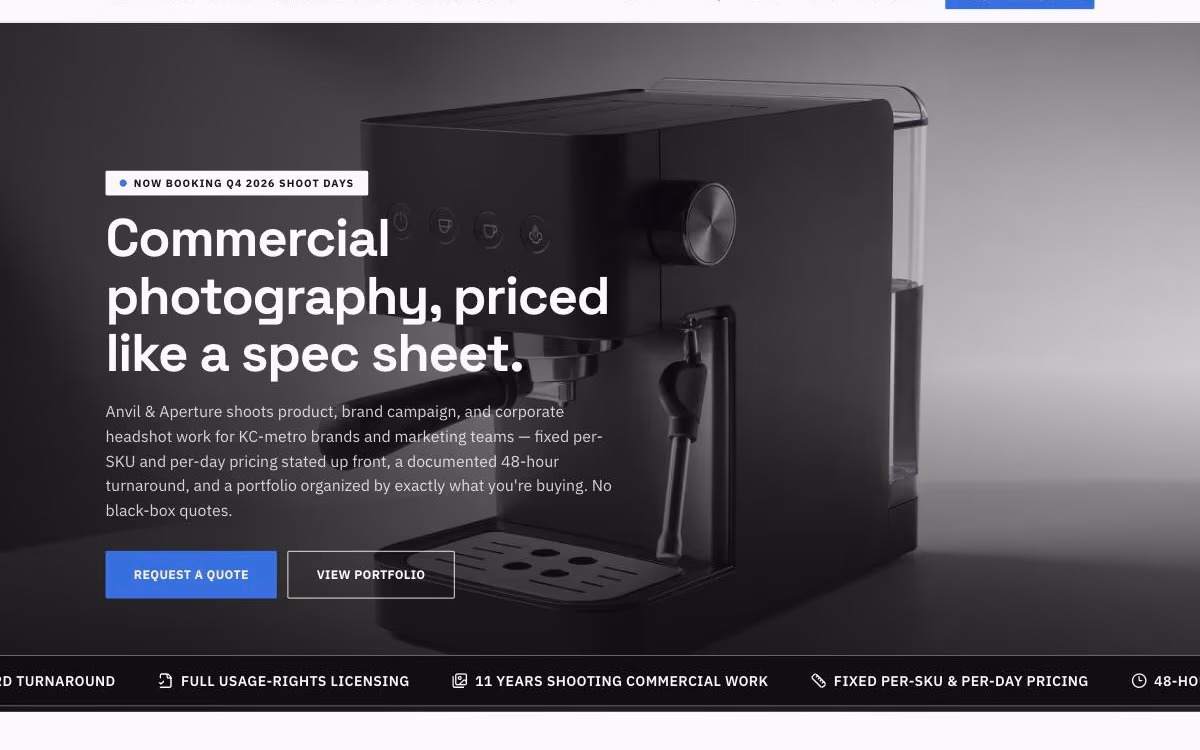 Anvil & Aperture Commercial Photography — Commercial Photography website demo by DFPP Agency