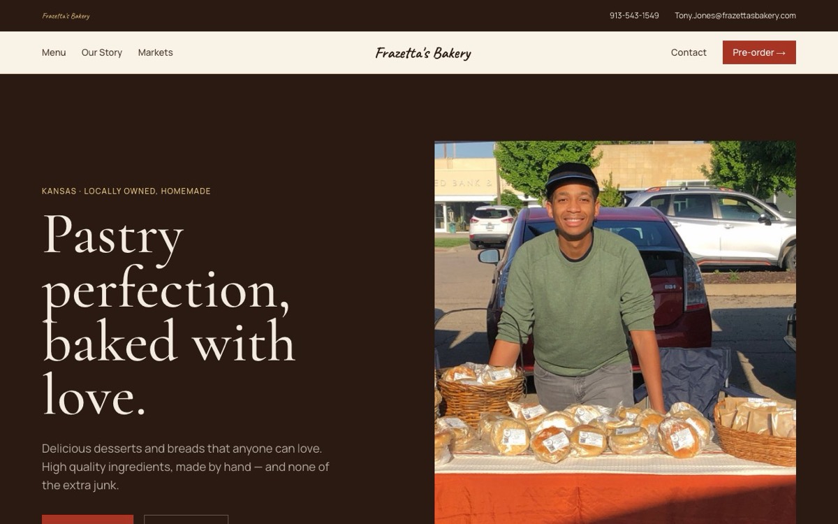 Homepage of frazettasbakery.com — warm cream-and-espresso design with serif headlines, featured baked goods, and a pre-order call to action